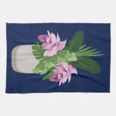 ダークブルーの熱帯メディニラピンク花瓶 キッチンタオル (横)