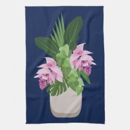 ダークブルーの熱帯メディニラピンク花瓶 キッチンタオル