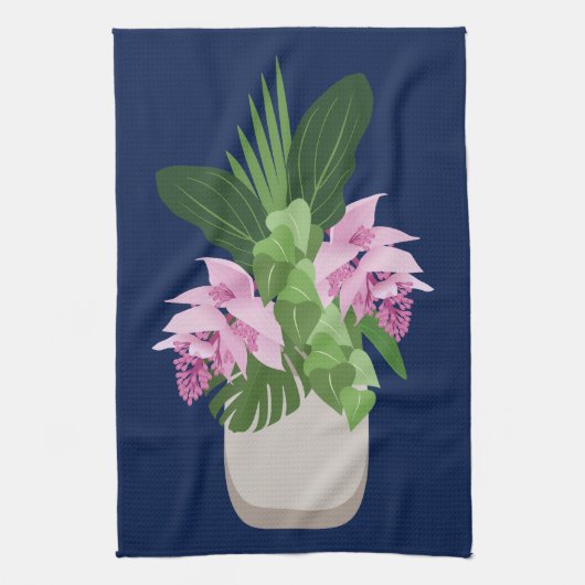 ダークブルーの熱帯メディニラピンク花瓶 キッチンタオル (縦)