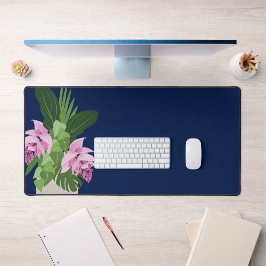 ダークブルーの熱帯メディニラピンク花瓶 デスクマット (オフィス1)