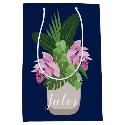 ダークブルーの熱帯メディニラピンク花瓶 ミディアムペーパーバッグ (正面)