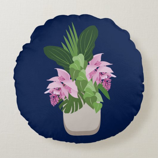ダークブルーの熱帯メディニラピンク花瓶 ラウンドクッション (正面)