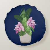 ダークブルーの熱帯メディニラピンク花瓶 ラウンドクッション (裏面)