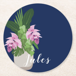 ダークブルーの熱帯メディニラピンク花瓶 ラウンドペーパーコースター