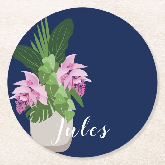 ダークブルーの熱帯メディニラピンク花瓶 ラウンドペーパーコースター (正面)