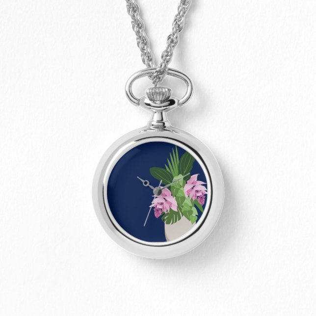 ダークブルーの熱帯メディニラピンク花瓶 腕時計 (正面)