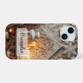 ダークブルーの白い冬のシーンパームツリースノーフレーク iPhone 15ケース (裏面横)