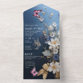 ダークブルーの白とライトブルーのシルキー色の花 オールインワン招待状 (内側)