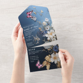 ダークブルーの白とライトブルーのシルキー色の花 オールインワン招待状