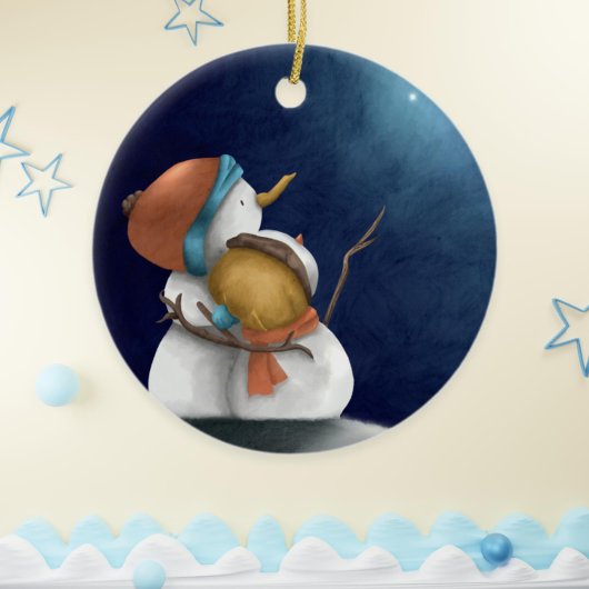 ダークブルーの空の雪だるまが見る星を抱く セラミックオーナメント