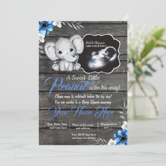 ダークブルーの素朴な象の少年の招待シャワー 招待状 (スタンド正面)