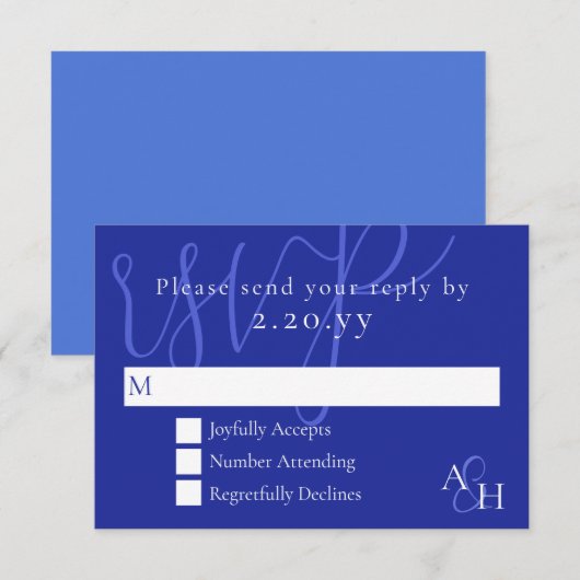 ダークブルーの結婚式RSVPカード 出欠カード (正面/裏面)
