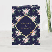 ダークブルーの花柄オールインワンのゴールドインドウェディング 招待状 (正面)