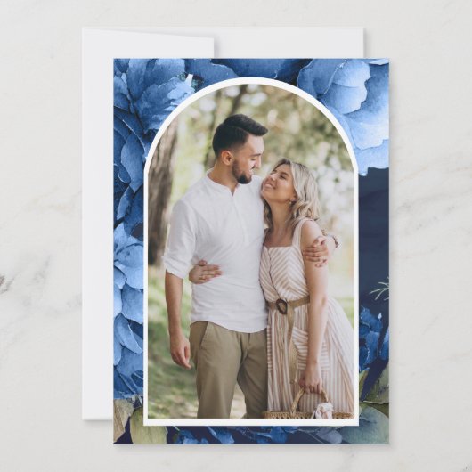 ダークブルーの花柄メイソンジャー写真 ブライダルシャワー 招待状 (裏面)