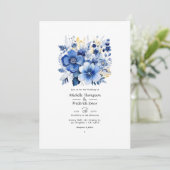 ダークブルーの花柄結婚式 招待状 (スタンド正面)