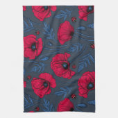 ダークブルーの赤いケシとラディバグ キッチンタオル (縦)