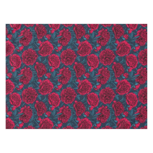 ダークブルーの赤い牡丹の庭 テーブルクロス (正面(横))