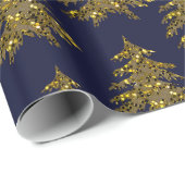 ダークブルーの輝く金ゴールドクリスマスツリー ラッピングペーパー (ロールコーナー)