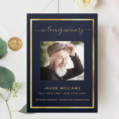 ダークブルーの金ゴールド写真三重の葬儀プログラム 三つ折り案内状