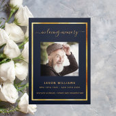 ダークブルーの金ゴールド写真三重の葬儀プログラム 三つ折り案内状