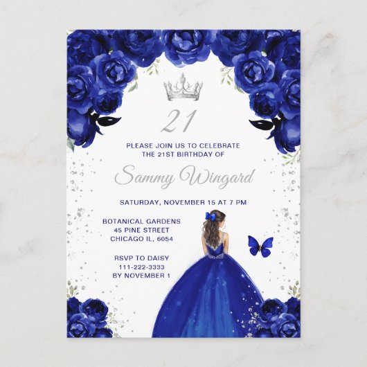 ダークブルーの黒髪のプリンセスの誕生日パーティー ポストカード (正面)