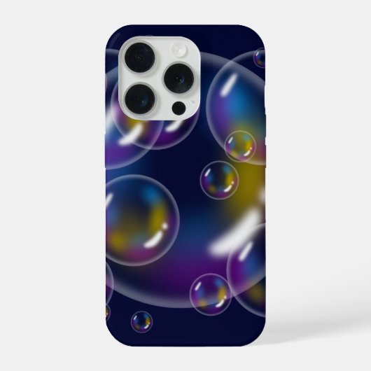 ダークブルーのiPhoneに浮かぶ鮮やかな虹色のシャボン玉 iPhoneケース (裏面)