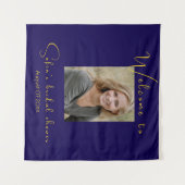 ダークブルーひまわりフォトブライダルシャワー タペストリー (正面(横))