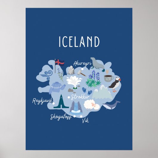 ダークブルーアイスランドの旅行マップ ポスター (正面)