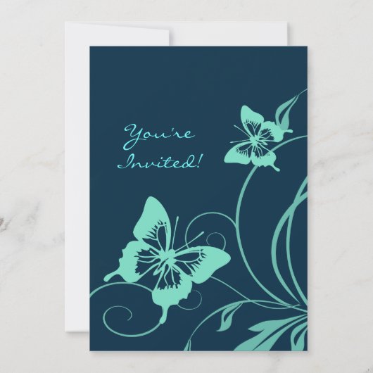 ダークブルーアンドティール(緑がかった色)バタフライ結婚式招待状 招待状 (裏面)