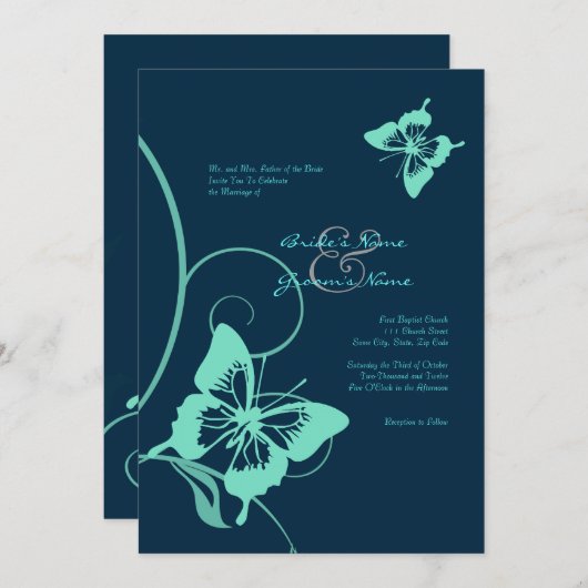 ダークブルーアンドティール(緑がかった色)バタフライ結婚式招待状 招待状 (正面/裏面)