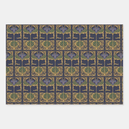 ダークブルーアールヌーボー古書 ラッピングペーパーシート (正面)
