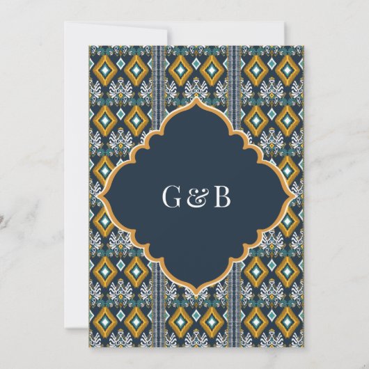 ダークブルーイエローイカットアナンドカラジシーク結婚ズ 招待状 (裏面)