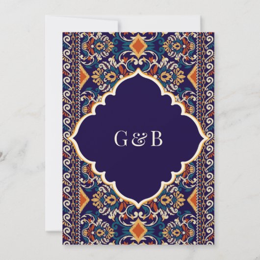 ダークブルーイエローイカットアナンドカラジシーク結婚ズ 招待状 (裏面)