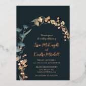 ダークブルーウィンターウェディングエレガントバラ金ゴールド 箔招待状 (正面)