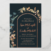 ダークブルーウィンターウェディングエレガントフローラアーチ 箔招待状 (正面)