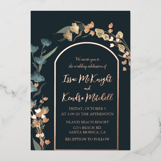 ダークブルーウィンターウェディングエレガントフローラアーチ 箔招待状 (正面)
