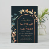 ダークブルーウィンターウェディングエレガントフローラアーチ 箔招待状 (立ち正面)