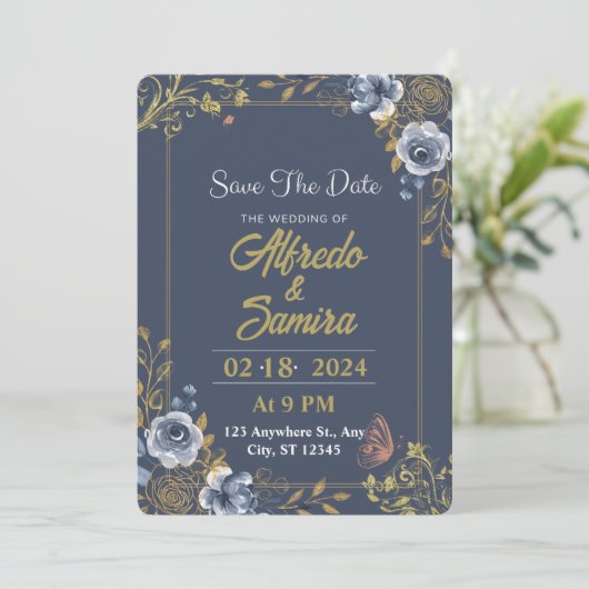 ダークブルーエステティック結婚式招待状 招待状 (スタンド正面)