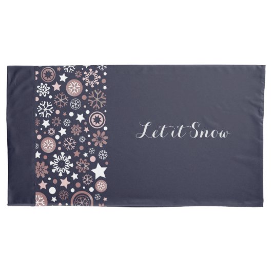 ダークブルーエレガントの光沢のあるピンクのメタリック雪の結晶 枕カバー (正面)