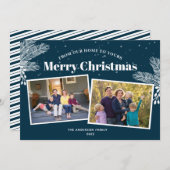 ダークブルーエレガントの白い松2枚の写真クリスマス シーズンカード (正面/裏面)