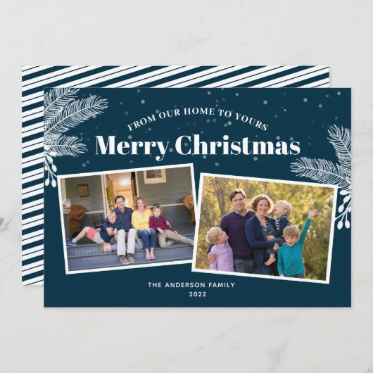 ダークブルーエレガントの白い松2枚の写真クリスマス シーズンカード (正面/裏面)