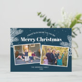 ダークブルーエレガントの白い松2枚の写真クリスマス シーズンカード (スタンド正面)