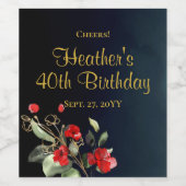 ダークブルーエレガントウォーターフローラ40th誕生日 ワインラベル (シングルラベル)