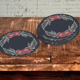 ダークブルーエレガントクリスマスオーナメントレッドベリー ラウンドペーパーコースター