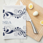 ダークブルーエレガントフローラ渦巻きフレームモノグラム キッチンタオル (四つ折り)