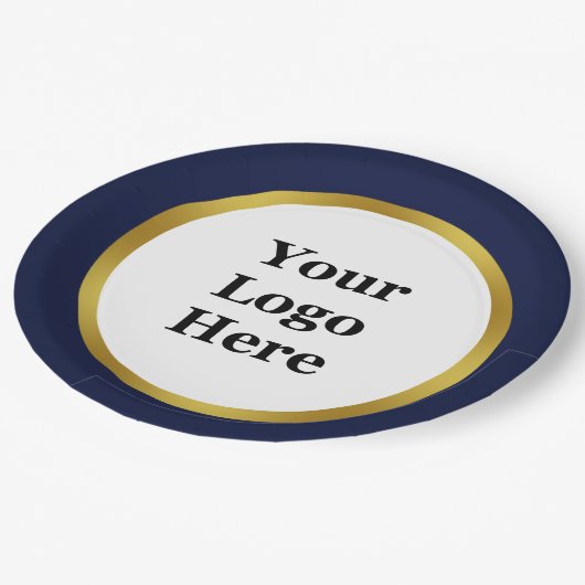 ダークブルーエレガントホワイトと金ゴールドロゴはこちら ペーパープレート (アングル)