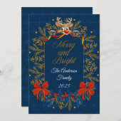 ダークブルーエレガント金ゴールドメリーと明るいクリスマス シーズンカード (正面/裏面)