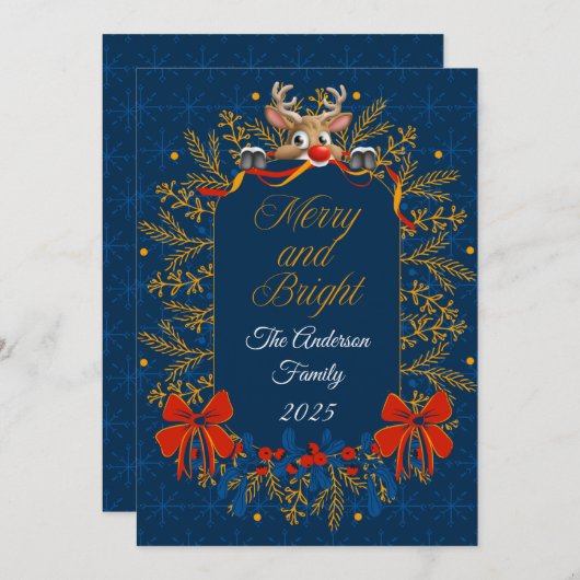 ダークブルーエレガント金ゴールドメリーと明るいクリスマス シーズンカード (正面/裏面)