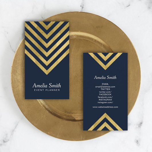 ダークブルーエレガント金ゴールド幾何フェイクソーシャルメディア 名刺