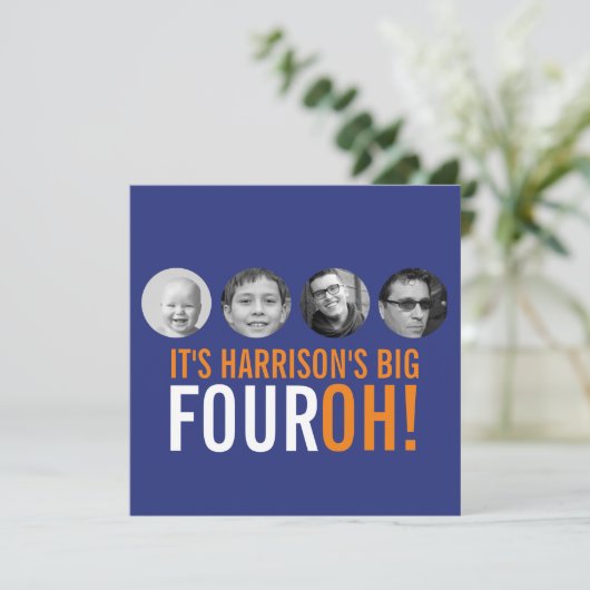 ダークブルーオレンジ40th FOUROH!写真誕生日 招待状 (スタンド正面)